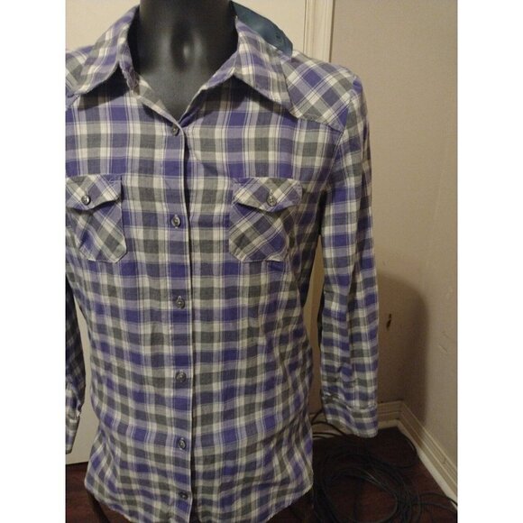 NWT New IZOD Women's Large L Cotton Button Up Shirt Purple Gray Long Sleeve - Picture 12 of 15